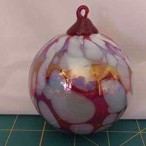 Hand Blown Art Glass Ball Ornament Sphere Iridescent Ruby Red Purple  White